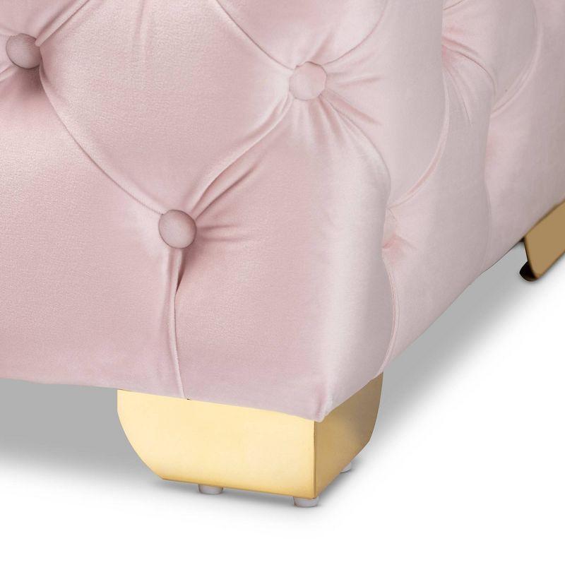 Luxurious Light Pink Velvet Tufted Ottoman with Gold Legs