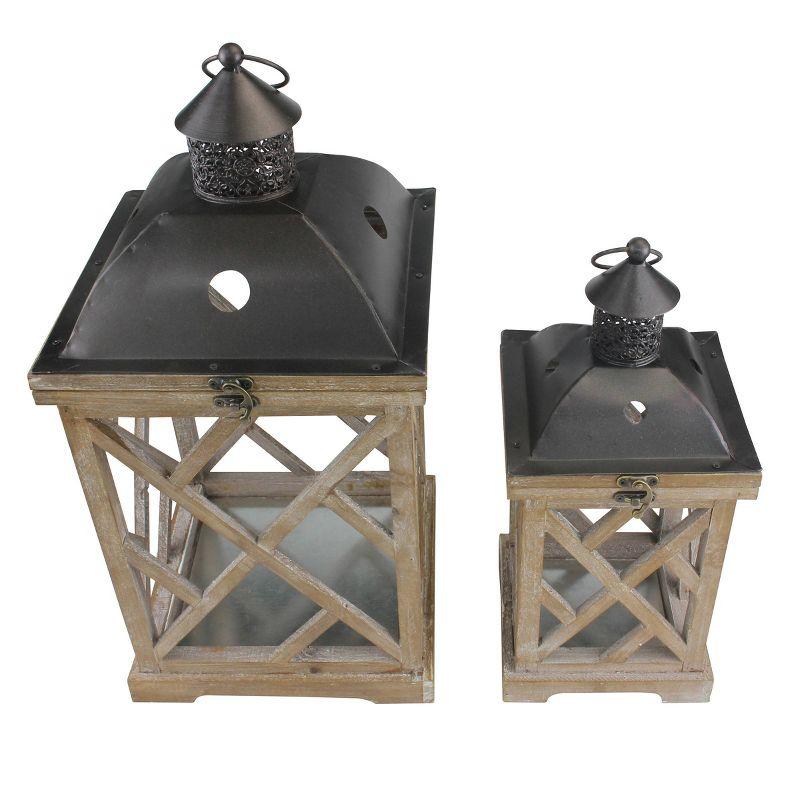 Stonebriar Collection Set of 2 Wooden and Metal Hurricane Candles Lantern Brown : Indoor/Outdoor, Pillar Compatible