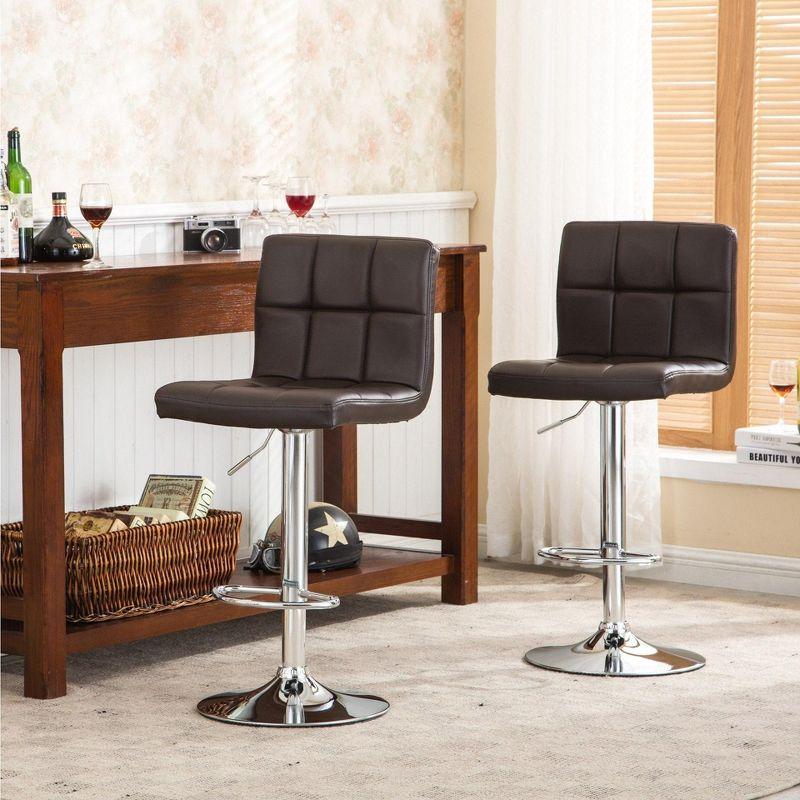 Brown Adjustable Swivel Faux Leather Bar Stools with Chrome Base, Set of 2