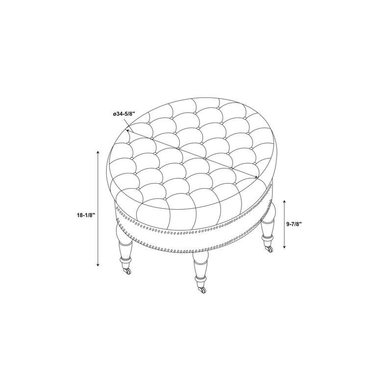 34.6" Isabelle Traditional Round Tufted Upholstered Wheeled Cocktail Ottoman Gray - Linon: Charcoal Linen, Silver Nailhead, Black Legs