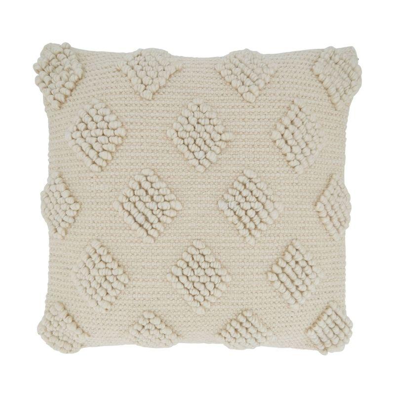 18"x18" Diamond Design with Pom-Poms Square Throw Pillow Cover Ivory - Saro Lifestyle: Bohemian Style, Zippered, Polyester & Cotton Blend