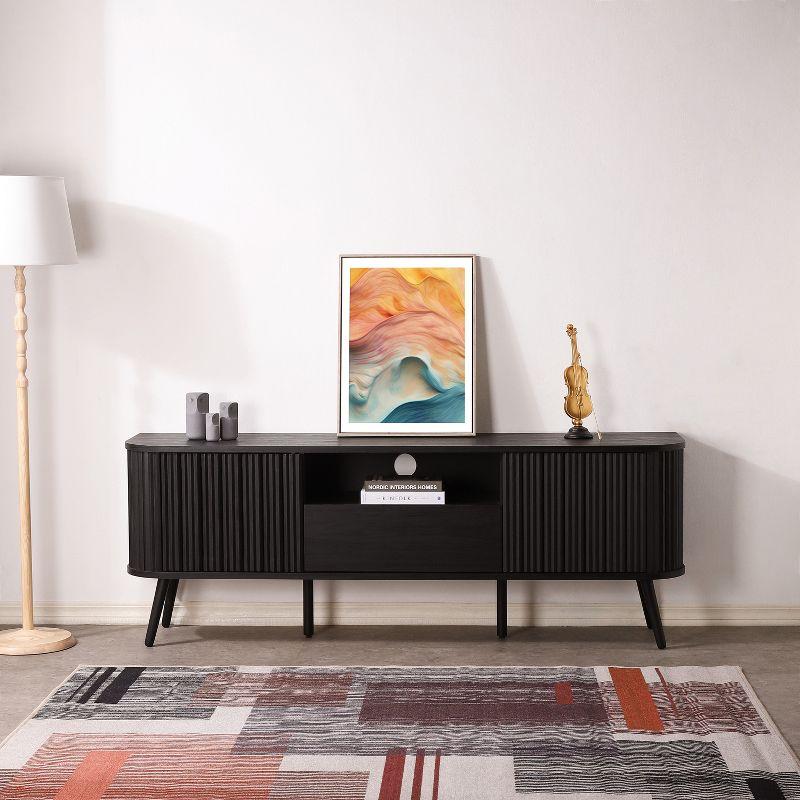 JONATHAN Y Damien 70 in. Farmhouse Curved TV Stand with Drawer and Storage Doors Fits TVs up to 75 in. with Cable Management, Black