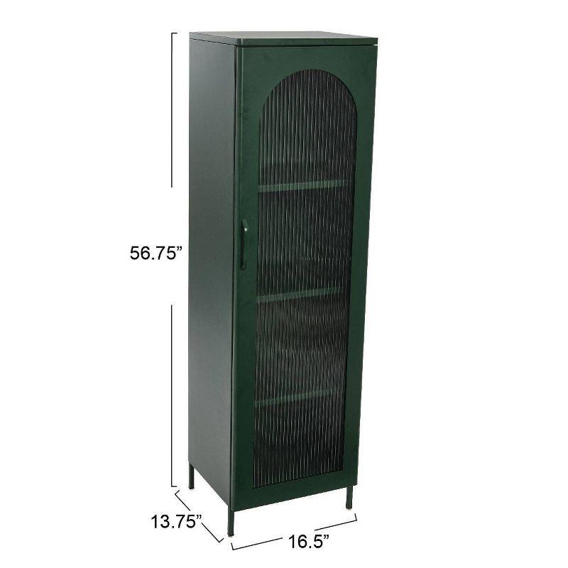 Storied Home Tall Metal Accent Cabinet: Arched Glass, 4 Shelves, Dark Green, 57" H