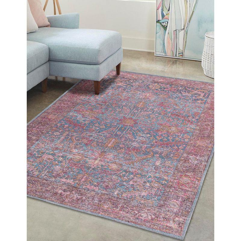 Mangata Blue and Pink Rectangular Washable Chenille Rug