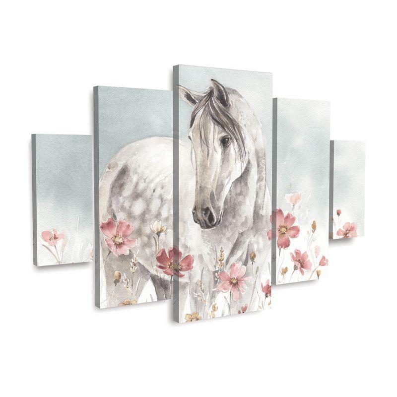 Wild Horses I 5-Piece Canvas Set with Pink Flowers