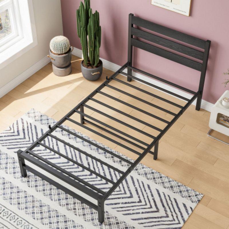 Twin Size Platform Bed Frame with Rustic Vintage Wood Headboard, No Box Spring Needed Black