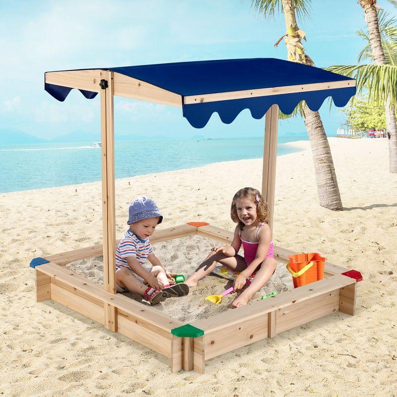 Costway Kids Wooden Sandbox with Height Adjustable & Rotatable Canopy Outdoor Playset