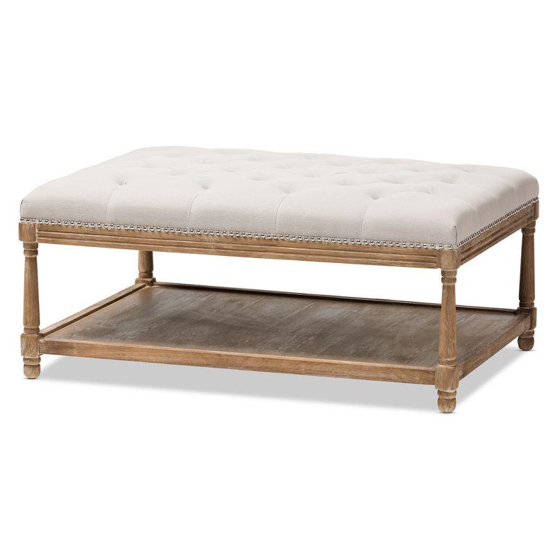 Carlotta French Country Weathered Oak Linen Rectangular Coffee Table Ottoman Beige - Baxton Studio: Elegant Tufted Design, Storage Shelf