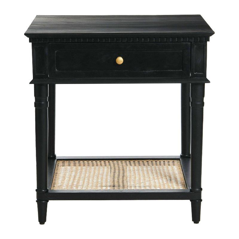 Storied Home Maxwelton End Table Black: Elegant Square Nightstand with Storage Drawer & Cane Shelf