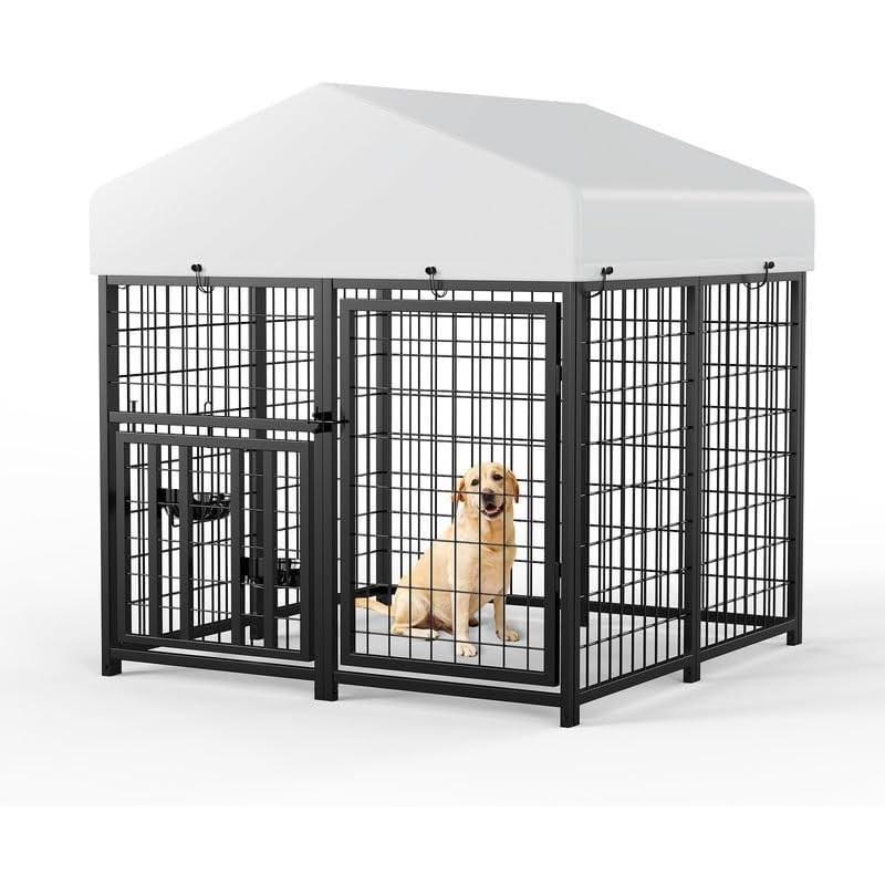 Large Black Metal Outdoor Dog Kennel with Roof and Bowls