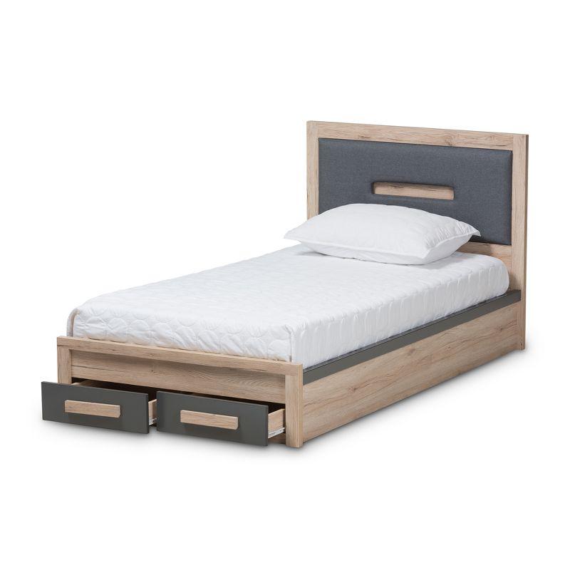 Baxton Studio Twin Pandora Modern and Contemporary Two Tone 2 Drawer Size Storage Platform Bed Dark Gray/Natural: Upholstered Headboard