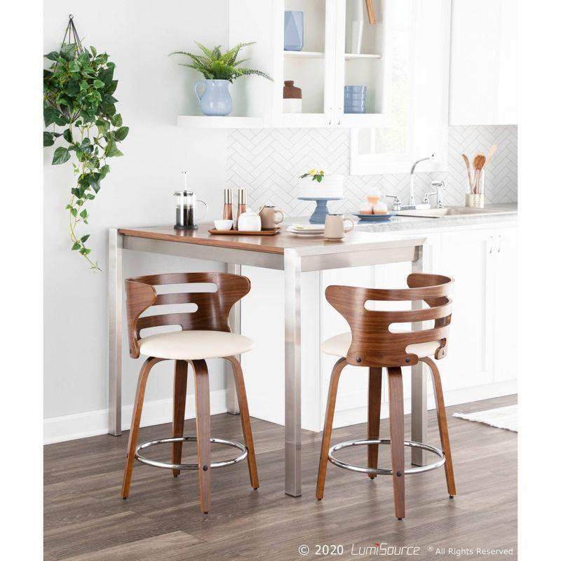 LumiSource Set of 2 Cosini Upholstered Counter Height Barstools Cream/Walnut: Swivel, Wood Legs, Faux Leather