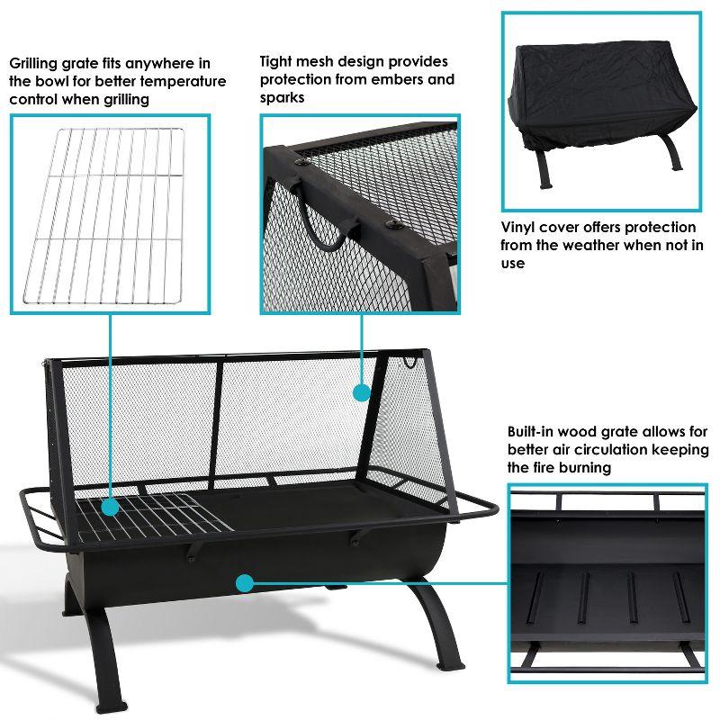 Sunnydaze Outdoor Camping or Backyard Rectangular Northland Fire Pit with Cooking Grill Grate, Spark Screen, Log Poker, and Fire Pit Cover - 36"