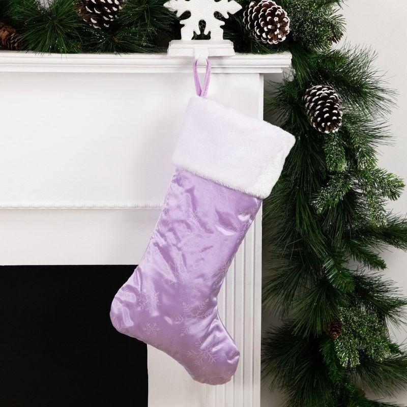 Purple and White Faux Fur Christmas Stocking with Glitter Snowflakes