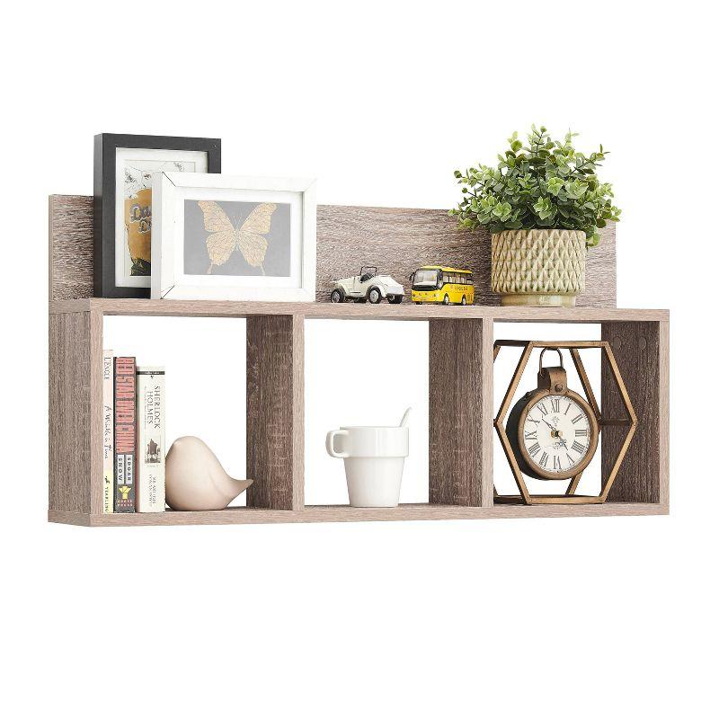 Danya B. 31.5" x 15.7" Modern 3 Cube Floating Wall Shelf with Display Ledge Weathered Oak: Laminated MDF, Iron Hardware
