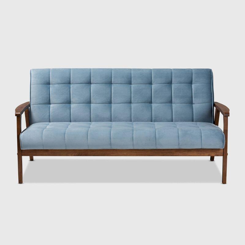 Asta Velvet Upholstered Wood Sofa Light Blue/Walnut - Baxton Studio: Mid-Century Modern, Rubberwood Frame, Tufted