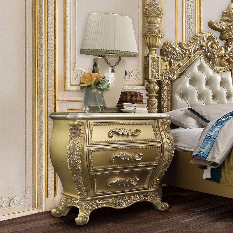 Gold Finish 3-Drawer Cabriole Nightstand with Floral Motifs