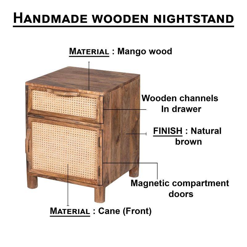 The Urban Port 23" Nightstand Woven Rattan Cabinet Door and Drawer Handcrafted Natural Brown Mango Wood Brown