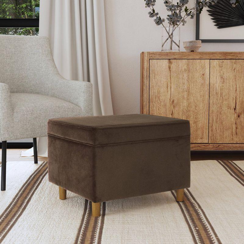 24" Dinah Storage Ottoman Chocolate Brown - HomePop: Velvet Upholstered, Honey Oak Wood Legs, Safety Hinges