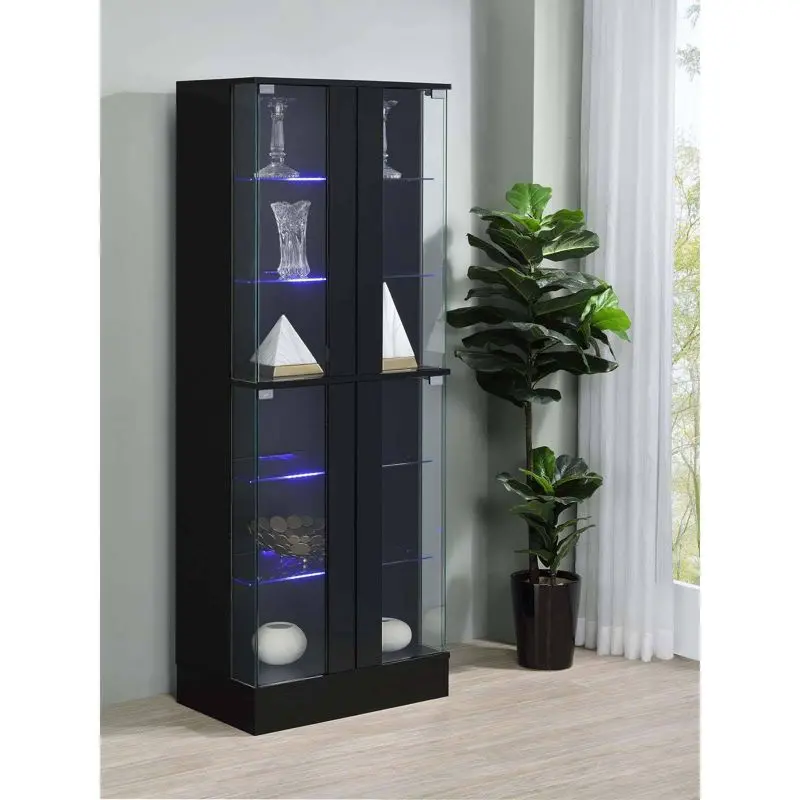 Black High Gloss Wood Curio Cabinet with Glass Shelves and LED Lighting