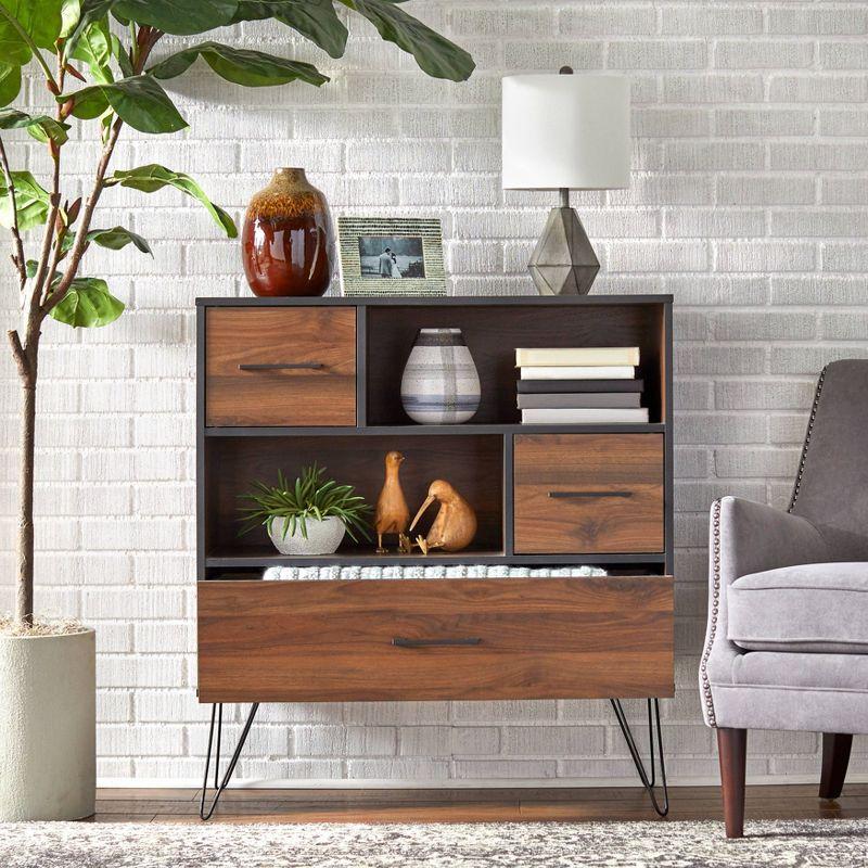 Mid-Century Modern Black and Walnut Freestanding Office Cabinet