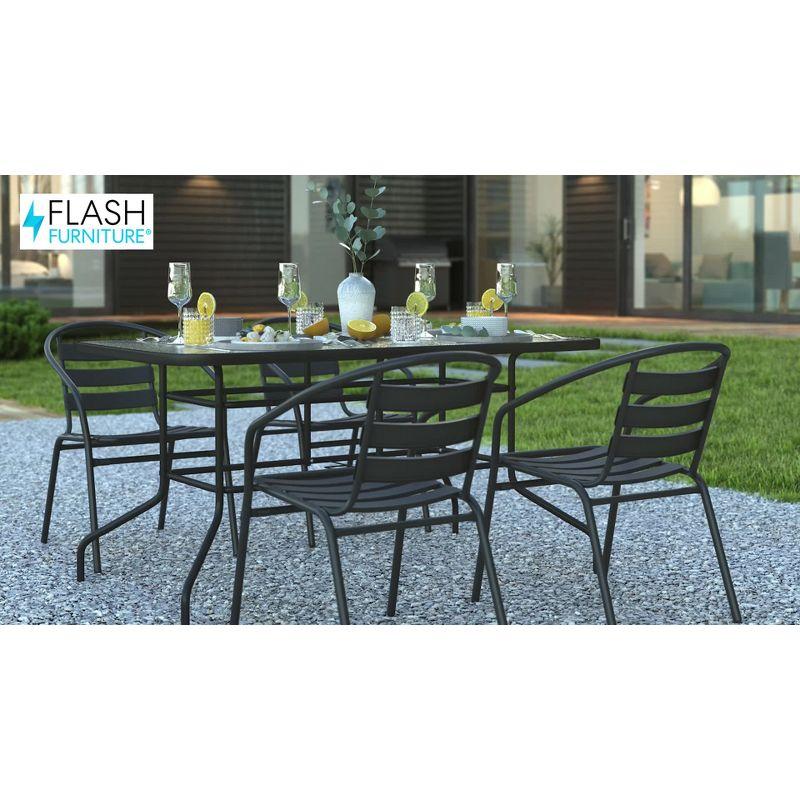 Flash Furniture 5 Piece Outdoor Patio Dining Set - 55" Tempered Glass Patio Table with Umbrella Hole, 4 Black Metal Aluminum Slat Stack Chairs