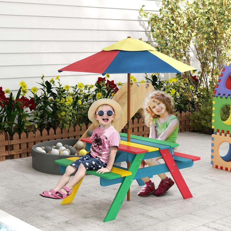 Outsunny Kids Picnic Table Set with Parasol, Wooden Outdoor Bench Set with Seating for 2 Children 3-6 Years Old, for Patio, Backyard, Indoor Use