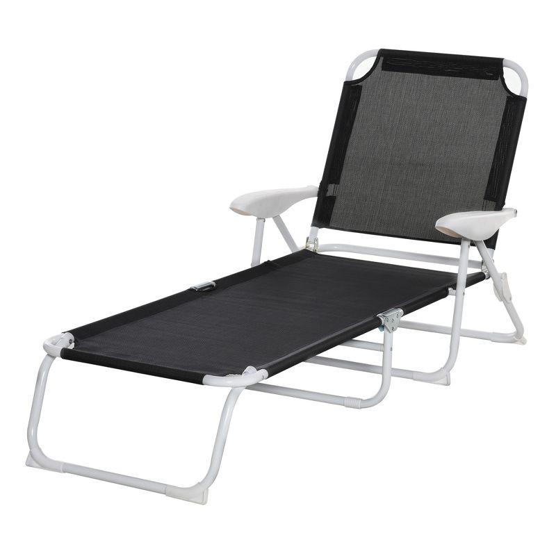 Outsunny Folding Chaise Lounge, Outdoor Sun Tanning Chair, 4-Position Reclining Back, Armrests, Mesh Fabric, Black