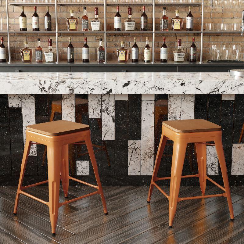 Flash Furniture Kai Commercial Grade 24" High Backless Orange Metal Indoor-Outdoor Counter Height Stool with Teak Poly Resin Wood Seat