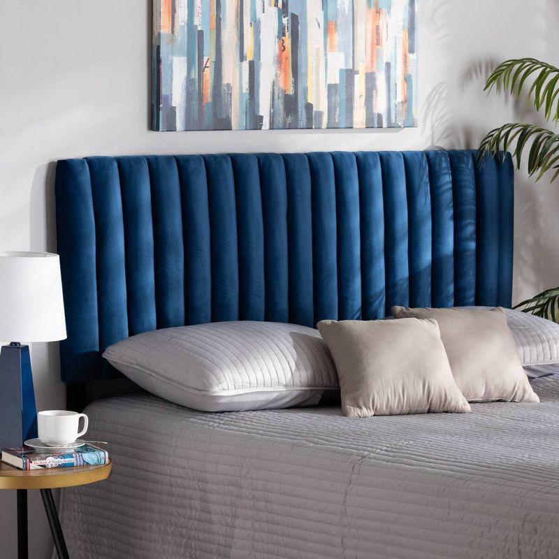 Emile Navy Blue Velvet and Dark Brown Wood Queen Headboard