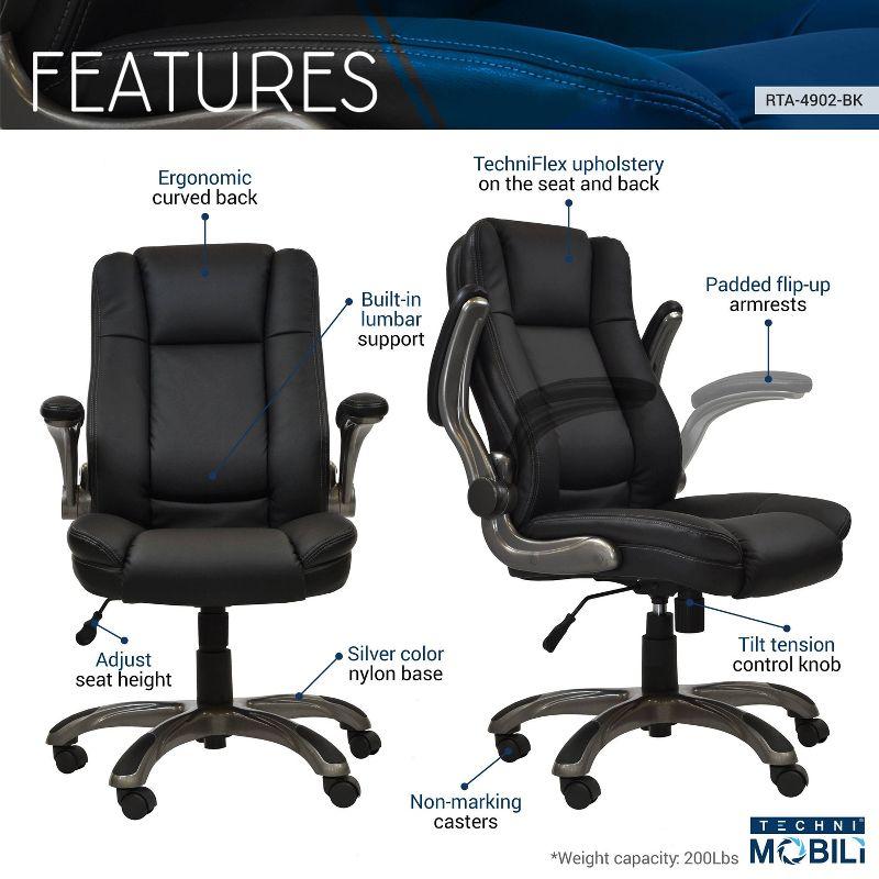 Medium Back Manager Chair with Flip-up Black - Techni Mobili: Stitched Techniflex, Built-in Support, 5-Star Base