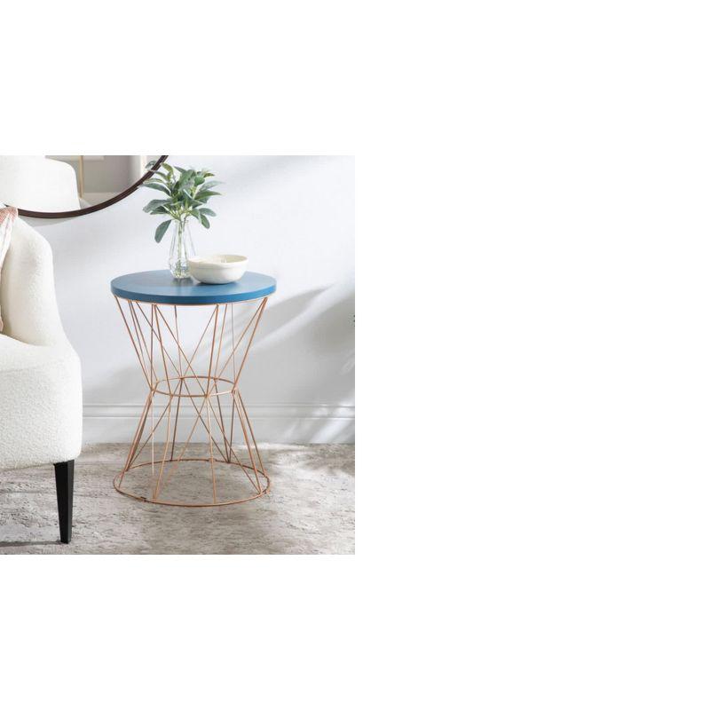 Contemporary Round Blue Top with Rose Gold Metal Cage Side Table