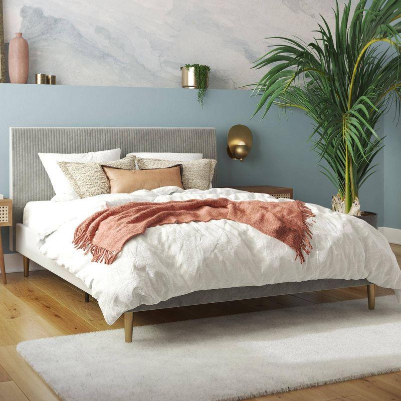 Daphne Light Gray Velvet Upholstered Bed with Brass Toned Legs