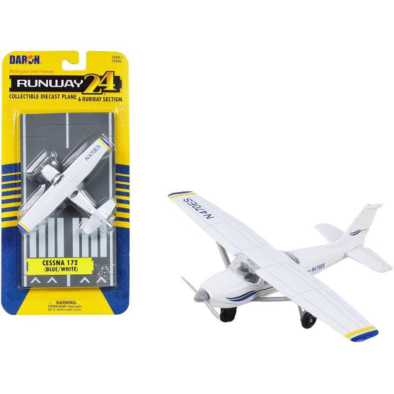 Cessna 172 Aircraft White with Blue and Yellow Stripes "N470ES" with Runway Section Diecast Model Airplane by Runway24