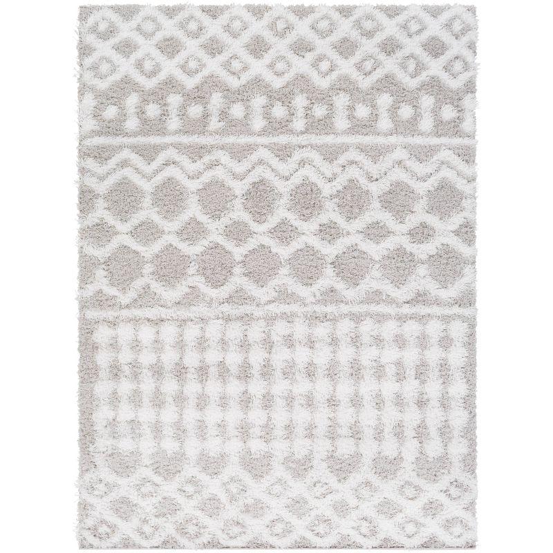 Gray and White Rectangular Shag Rug with Global Pattern