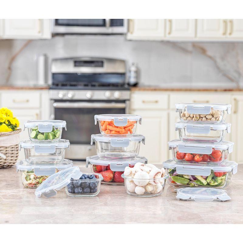 JoyJolt JoyJolt 24-Piece Glass Food Storage Container Set with Leakproof Lids, Light Grey (Set of 5)