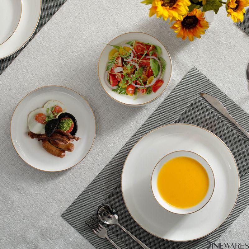 Dinewares White with Gold Rim Bone China Dinnerware Set - Service for 8, Includes Dinner Plates, Salad Plates, and Cereal or Soup Bowls