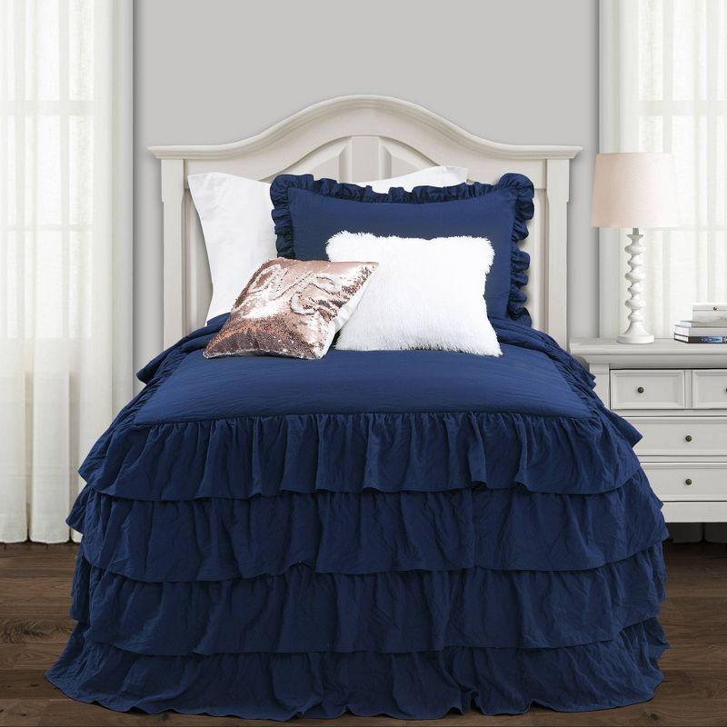 Navy Queen Ruffle Skirt Bedspread Set with Shams