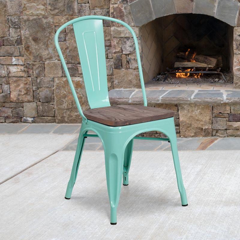 Mint Green Modern Rustic Stackable Side Chair with Wood Seat