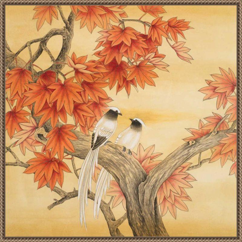 Autumn Love Birds Beaded Framed Canvas Wall Art