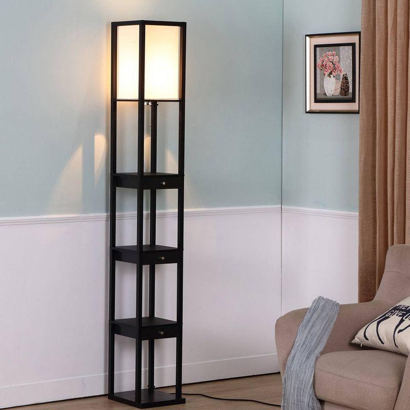 Brightech Maxwell 72" Traditional LED Shelf Floor Lamp with Black Finish, 4 Built-In Shelves, 3 Storage Drawers, Bulb Included