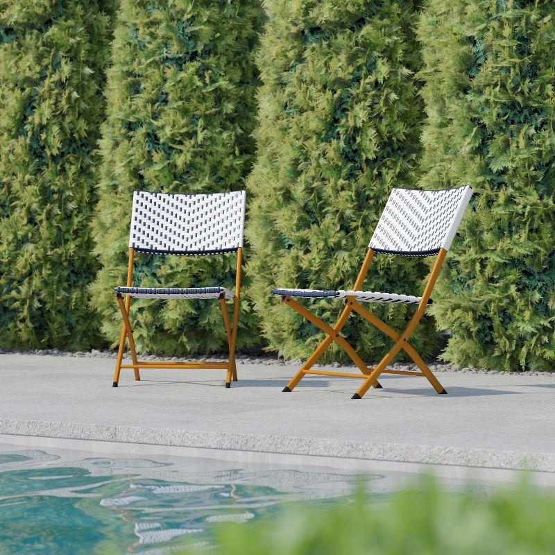 Flash Furniture Rouen Set of 2 Commercial Grade Foldable Bistro Chairs, Indoor/Outdoor PE Rattan Back and Seat, Navy/White with Natural Steel Frames