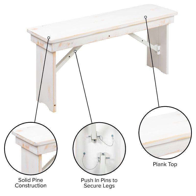 Flash Furniture HERCULES Series 40" x 12" Antique Rustic White Solid Pine Folding Farm Bench
