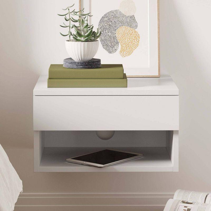 White Floating Wall-Mounted Nightstand with Drawer and Shelf