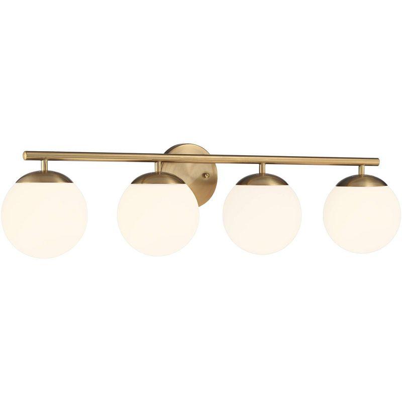 Possini Euro Design Meridian Modern Wall Light Soft Gold Hardwire 31 1/2" 4-Light Fixture Frosted White Globe Glass for Bedroom Bathroom Vanity House