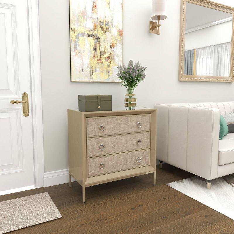 Imboden Wooden Upholstered Front Panel 3 Drawer Room Chest with Mirrored Top and Ring Handles