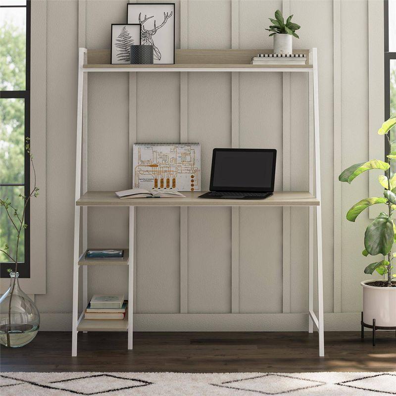 Pale Oak and White Metal Ladder Desk with Shelves