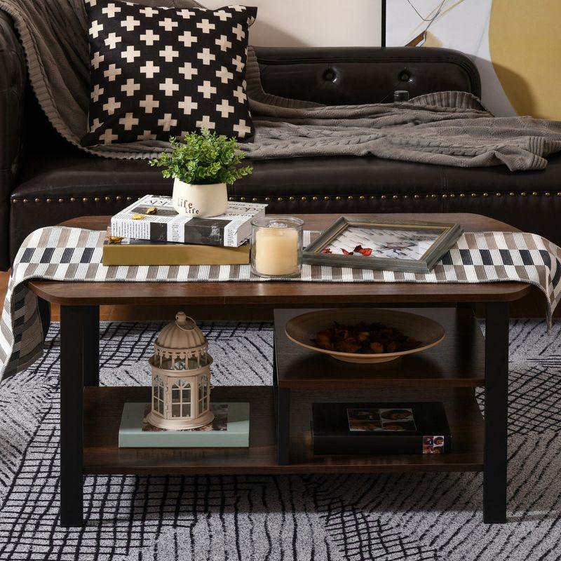 Vintage Dark Wood and Metal Rectangular Coffee Table with Shelves