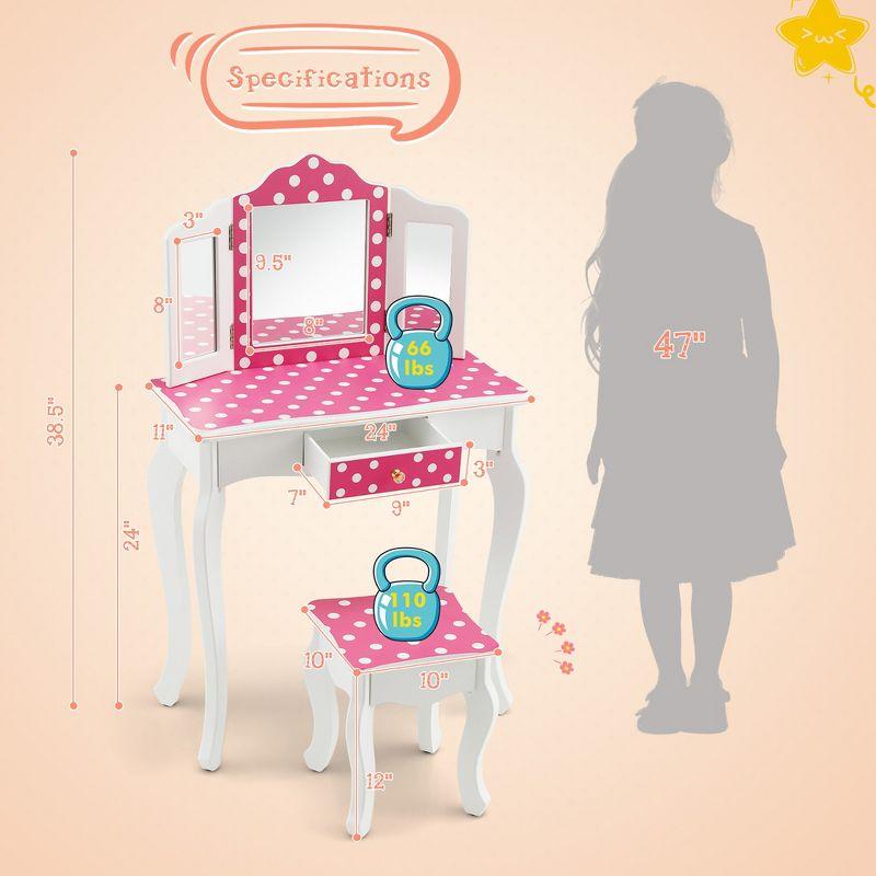 Costway Kid Vanity Set Wooden Makeup Table Stool Tri-Folding Mirror Polka Dot Print Pink