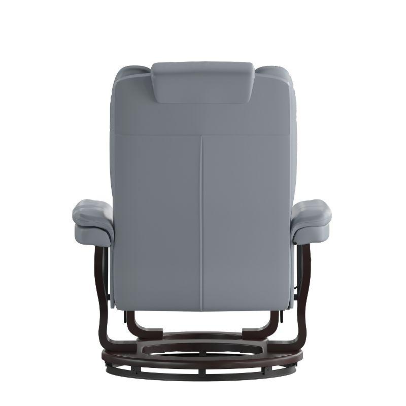 Flash Furniture Bali Contemporary Multi-Position Recliner with Horizontal Stitching and Ottoman with Swivel Mahogany Wood Base in Gray LeatherSoft